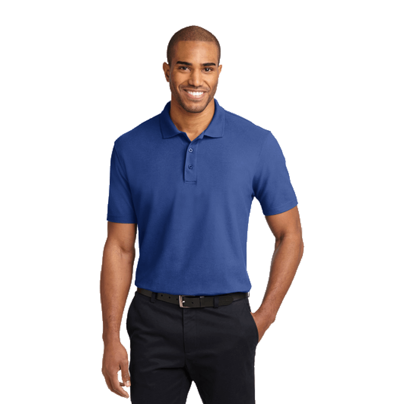 smiling man wearing royal blue polo shirt
