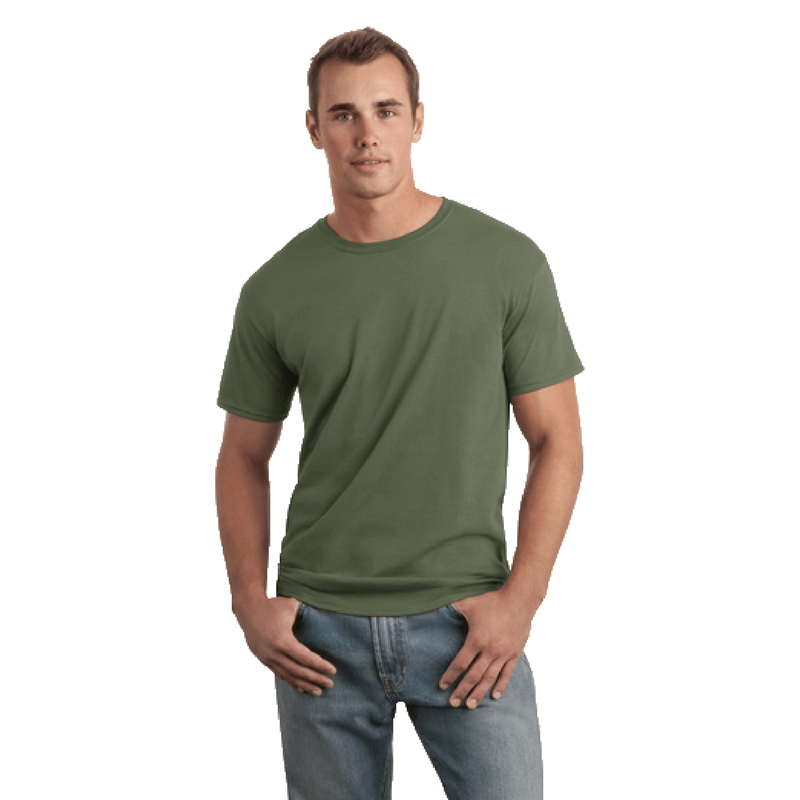 Man with brown hair wearing military green tshirt